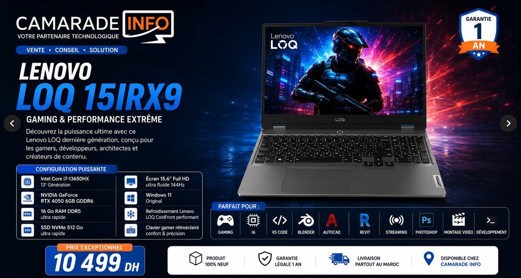 [ML-0008] Lenovo LOQ 15IRX9 — Gaming i7-13650HX, RTX 4050, 16Go DDR5, 512Go SSD
